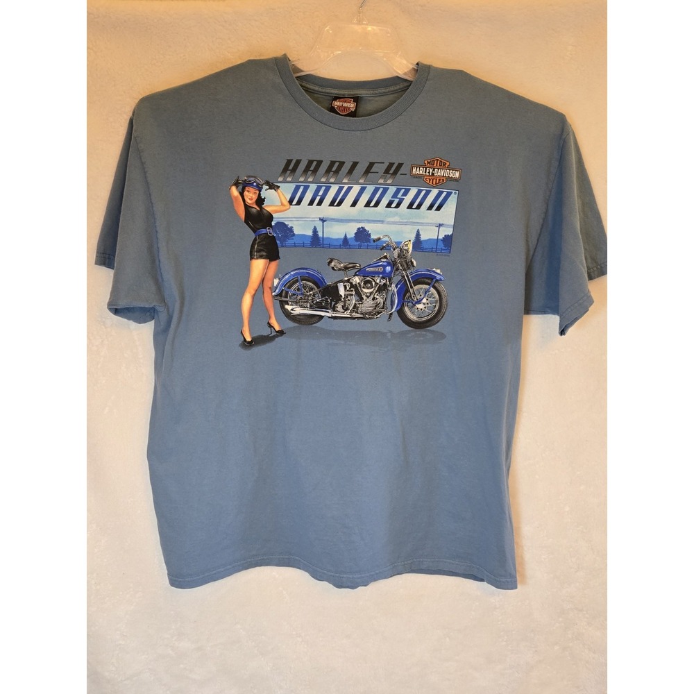 Harley‎ Davidson Mens 2XL TShirt Logo Girl Standing With Bike On Front Blue